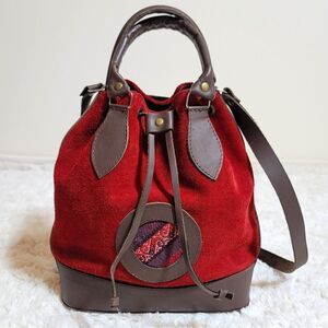 Red Suede Bolivian Folk Vintage Leather Synching Boho Bucket Bag Purse
